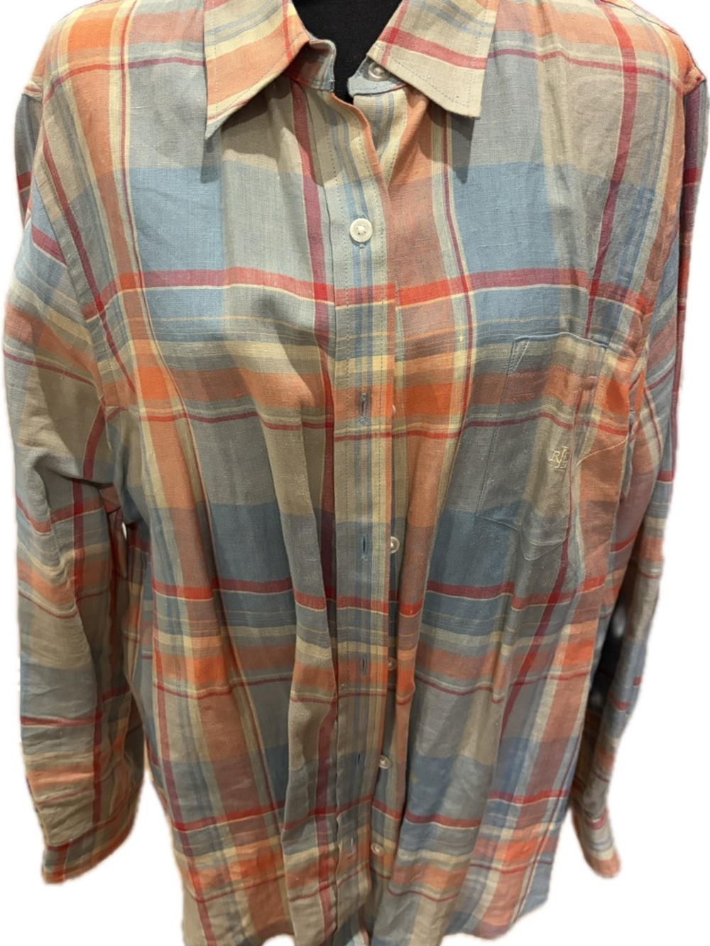 Lauren Ralph Lauren Linen Plaid Shirt in Blue, Peach & Cream